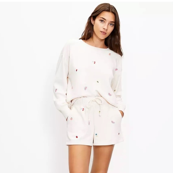 Loft Lou & Grey Embroidered Fruity Cozy Cotton Terry Lounge Shorts Cream Multi L - Picture 3 of 10